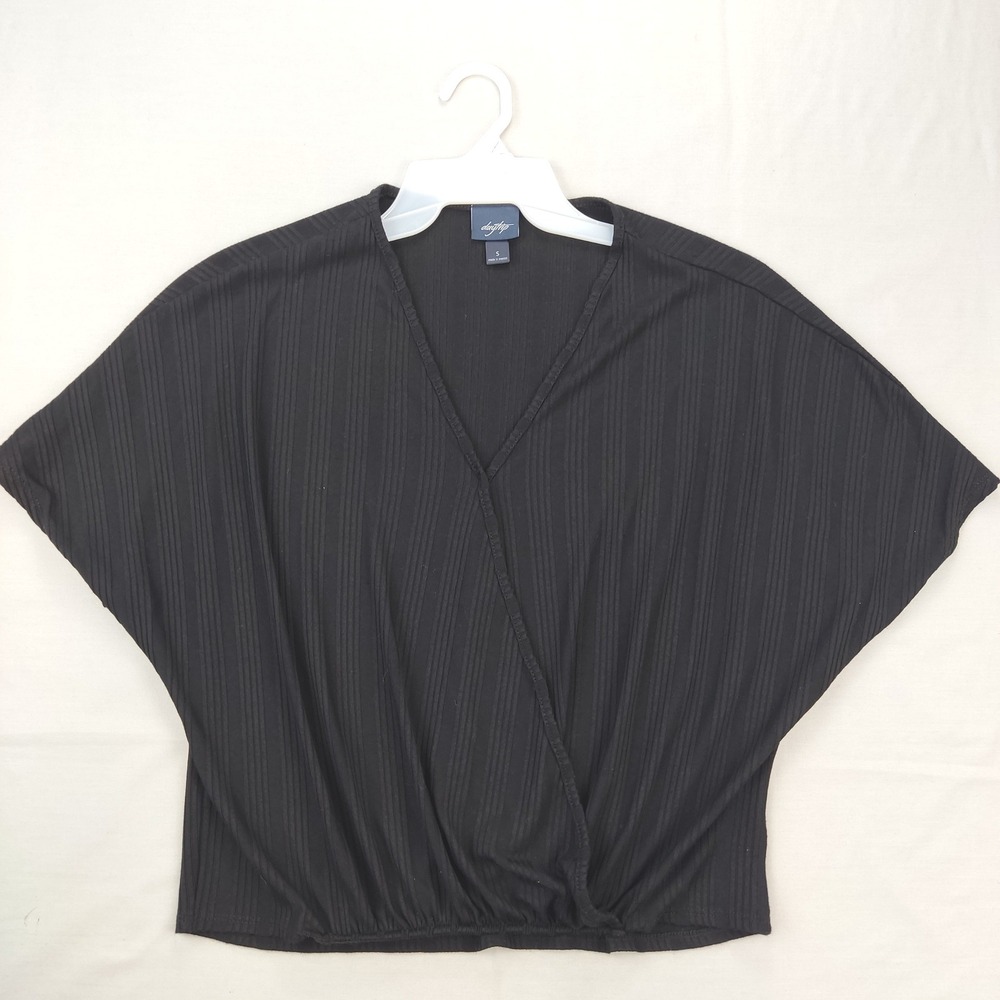 Daytrip Top Women S Black Surplice Wrap Front Ribbed Dolman Sleeve V-Neck Blouse